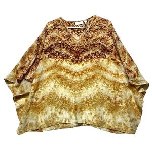 Belle By Kim Gravel Poncho Top Womens XS Yellow Brown Damask Print V-Neck